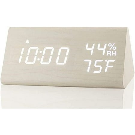 Digital Alarm Clock, with Wooden Electronic LED Time Display, 3 Alarm Settings, Humidity & Temperature Detect, Wood Made Electric Clocks for Bedroom, Bedside (White)