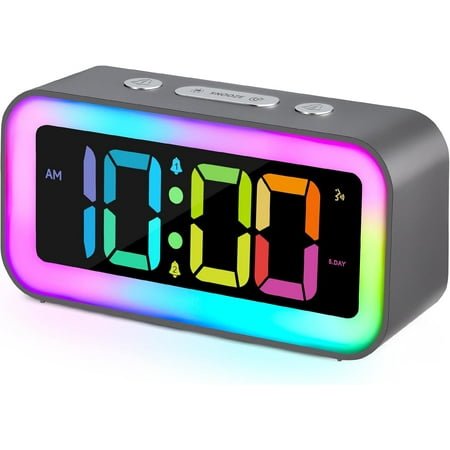 Digital Clock with RGB Night Light,Kawaii Super Loud Alarm Clock for Bedside or Desk Lamp in Bedrooms,8 Color,Large Display,Dual Alarm
