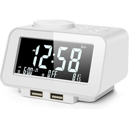 Digital Dual Alarm Clock Radio - 0-100% Dimmer with Weekday/Weekend Mode, 6 Sounds Adjustable Volume, FM Radio w/Sleep Timer, Snooze, 2 USB Charging Ports, Thermometer, Battery Backup