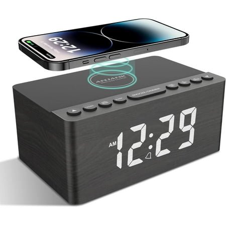 Digital LED Alarm Clock FM Radio, Fast Wireless Charger Station for iPhone/Samsung Galaxy, 5 Level Dimmer, USB Charging Port, 2 Sounds, Sleep Timer for Bedroom, Bedside, Desk -
