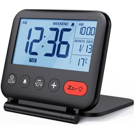 Digital Travel Alarm Clock for Bedroom Office: Small LCD Desk Clock with Backlight Date Temperature Snooze 12/24H Weekend Mode and Mirror, Battery Powered Folding Bedside Clock for Adult Kids
