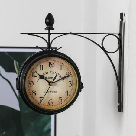 Double Sided Iron Wall Clock, Retro Double-Sided Garden Wall Clock, Vintage Industrial Two Sides Wall Hanging Clock for Indoor Decorative, Antique Style Creative Classic Wall Clocks Decoration