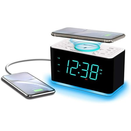 Dual Alarm Clock FM Radio with Wireless Charging, Bluetooth Speaker, Ultra Fast Charging for Airpods/iPhone, Foldable Stand, USB Charger, Adjustable LED Glow