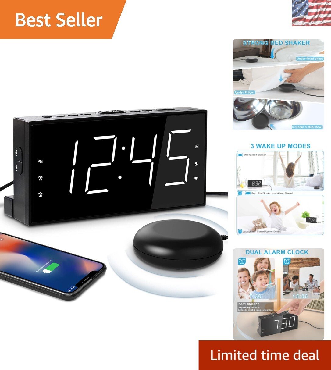 Dual Alarm Clock with Vibration & Large Display - Perfect for Hard of Hearing
