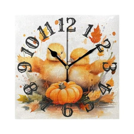Duck Maple Leaves Pumpkins Wall Clock Square Silent Non Ticking Battery Operated Clock for Home Bathroom Kitchen Bedroom Living Room