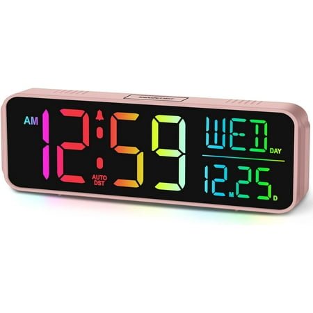 EIKODO-Kids Digital Alarm Clock for Bedrooms, Date Day of Week Large Display Numbers 6 Brightness Dimmer, 5 Volume Loud for Heavy Sleepers, 8 RGB Colors Electric Desk Clock Battery Backup, Auto DST