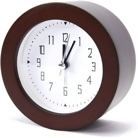 EIKODO-Wooden Analog Alarm Clock Silent Non-Ticking Desk Clock Battery Operated Table Clock with Nightlight for Bedroom,Children's Room, Living Room,Brown(4Inch)