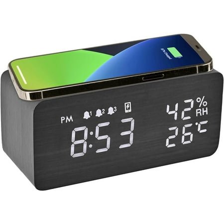 ELECTIME Wooden Digital Alarm Clock with Wireless Charging, Temperature, Humidity, 3 Alarms Display