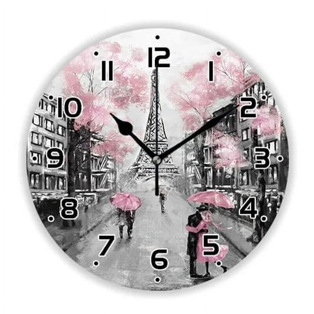 Elegant Oil Painting Paris Tower Wall Clock Watch for Living Room France City Flowers Large Wall Art Home Decor(10 Inch)