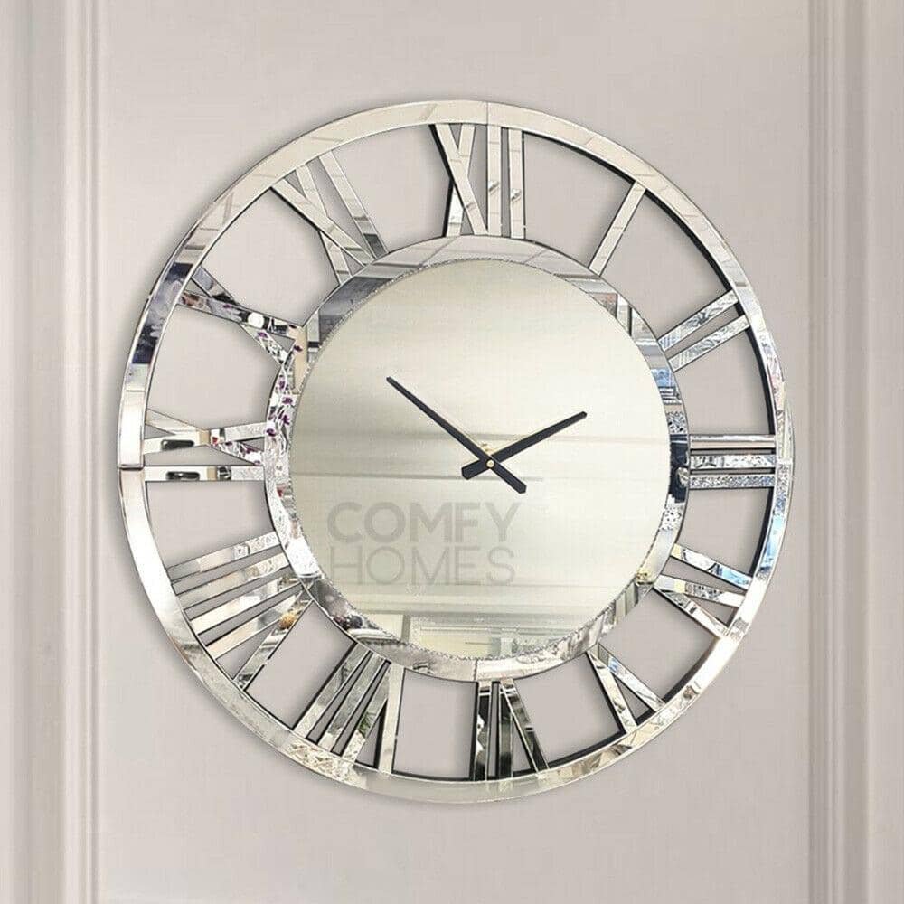 Elegant Silver Roman Numeral Wall Clock-Mirrored Metal Frame, Openwork Design for Modern...
