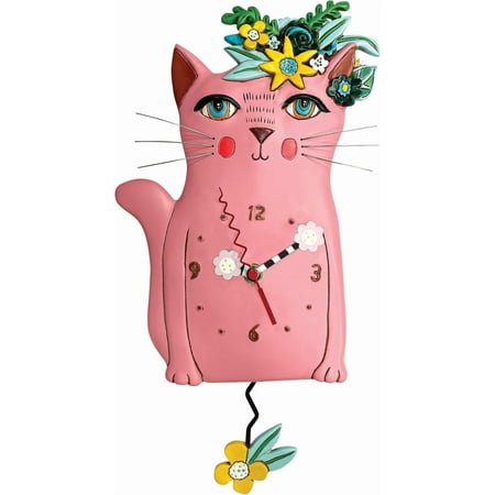 **enesco pretty kitty with flowers sculpted pendulum wall clock, 14 inch, pink