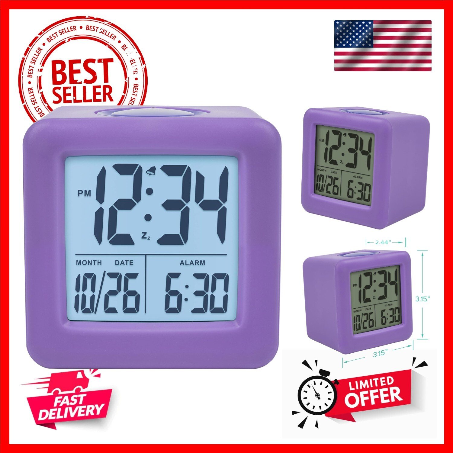 Equity Purple Soft Cube LCD Alarm Clock with Smart Light