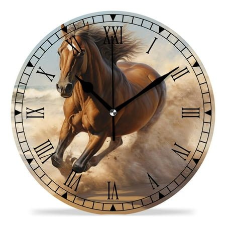 erolrail Rustic Wall Clock,Silent Non Ticking Wall Clocks for Living Room,Bedroom,Kitchen 12IN Wild Running Horse At Beach Design