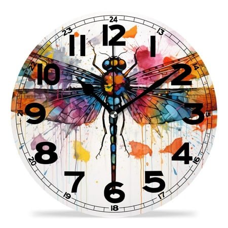 erolrail Rustic Wall Clock,Silent Non Ticking Wall Clocks for Living Room,Bedroom,Kitchen 12IN Watercolor Art Dragonfly Beautiful