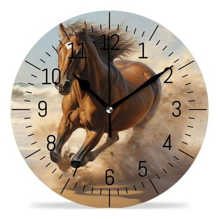 erolrail Rustic Wall Clock,Silent Non Ticking Wall Clocks for Living Room,Bedroom,Kitchen 12IN Wild Running Horse At Beach Design