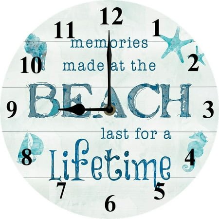 Eveokoki 10 Inch Beach Decorative Wall Clocks Silent Battery Operated,Lifetime Beach Memories Farmhouse Wooden Clock for Bathroom Kitchen Bedroom Pool Cottage Living Room