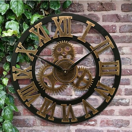 EXHUMKY Golden Metal Industrial Gear Wall Clock for Decoration Easy to Install Creative Design 40cm