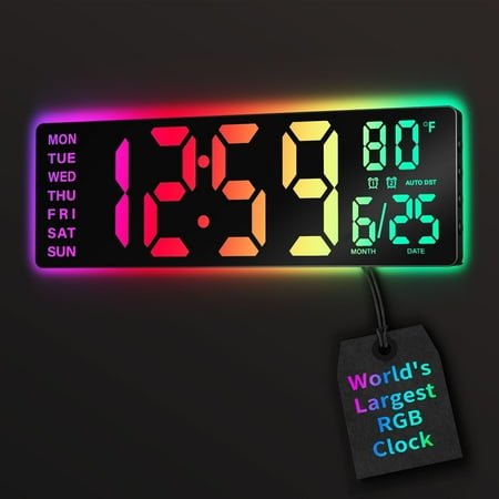Extra Large Digital Wall Clock 14.5 Inches, Big Clear Numbers, Auto Daylight Saving, Indoor Temp Date, Battery Powered, Wall Mount or Desk Stand, Black