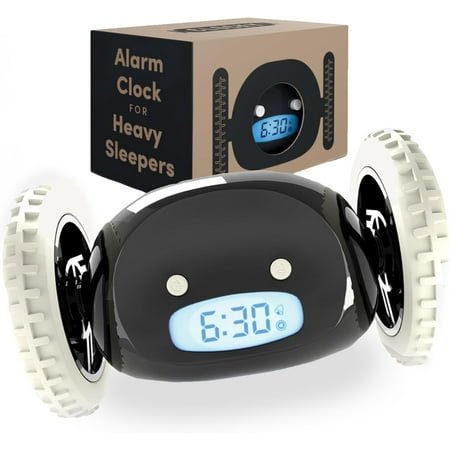 Extra Loud Alarm Clock for Heavy Sleepers on Wheels Rolls Runs Away Vibrating, Easy to Set Super Smart Snooze Digital Bed Shaker Alarm Clock Funny Gift for Adults Kids Teens Bedrooms (Black)