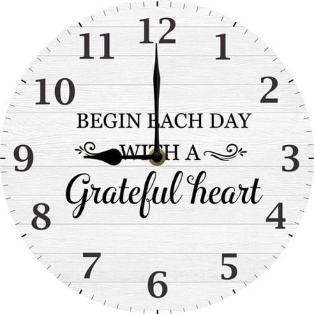 Family Wall Clock, Begin Each Day With A Grateful Heart Inspirational Quote Clock for Bedroom Bathroom Kitchen Dining Room, 10 Inch Silent Non Ticking Battery Operated Easy to Read
