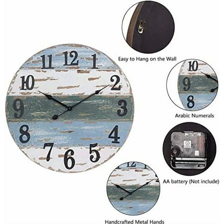 Flora Large Beach Coastal Nautical Wall Clock, 18 Inch Wooden Wall Clocks Battery Operated,Vintage Farmhouse Decorative for Living Room, Kitchen, Home, Bedroom, Laundry Room, Blue