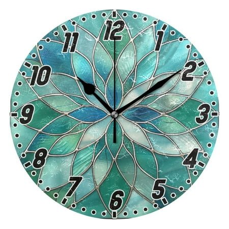 Floral Stained Glass Round Wall Clock Battery Operated Silent Non-Ticking Bedroom Office Kitchen Home School Decor 10(Black)