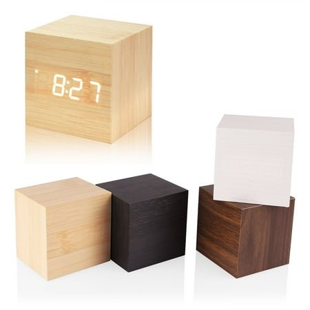 FNNMNNR Modern Wooden Cube Design Digital LED Desk Alarm Clock Voice Control Thermometer Timer Calendar