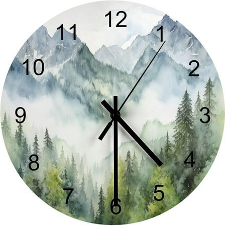 Forest Wall Clock, Watercolor Mountain Forest Nature Tree Woodland Round Clocks Wall Decor Silent No Ticking 12 Inch Wooden Clock for Bedroom Living Room Home Office
