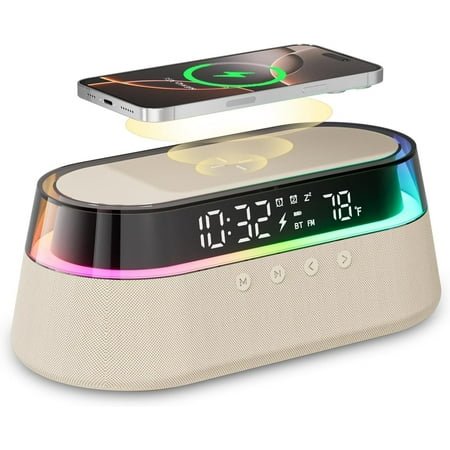 Freefish 6-in-1 Alarm Clock with Wireless Charger, Bluetooth Speaker, FM Radio, Dual Alarms, LED Night Light – Bedroom Digital Clock, Qi Fast Charge 15W Beige