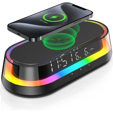 Freefish Smart Alarm Clock Bluetooth Speaker, Night Light, 15W Wireless Charging, USB Port, Dimmable LED Display for Bedroom, Adjustable Brightness