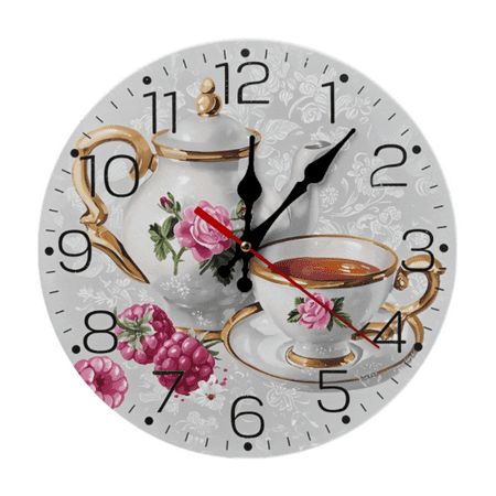 French Retro Teapot and Cup Pattern Wooden Wall Clock Living Room Bedroom Kitchen Home Decoration Wall Clock Silent Quartz Clock Holiday Gift 10 inch Inches (Without Batteries)