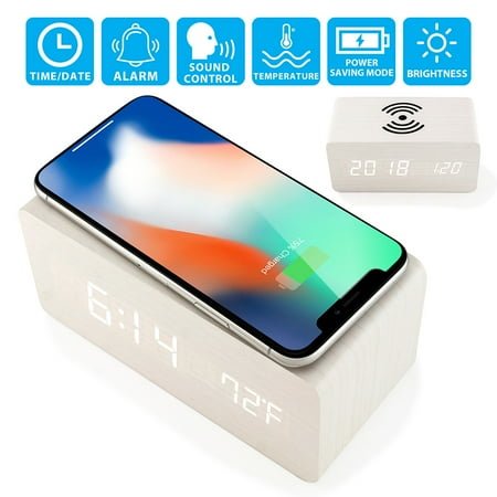Gearonic Modern Voice Control LED Alarm Clock, Qi Wireless Charging, White