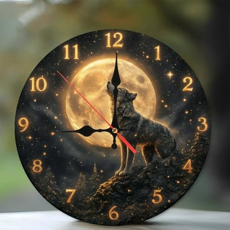 Glowing Wolf Howling Moon Clock Wall Art Home Decor 10-Inch Silent Wooden Wall Clock, Battery Operated (AA Batteries Not Included), Artistic Home Decor