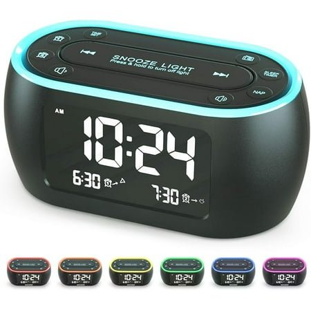 Glow Small Alarm Clock Radio for Bedrooms with 7 Color Night Light, Dual Alarm, Dimmer, USB Charger, Battery Backup, Nap Timer, FM Radio with Auto-Off Timer for Bedside