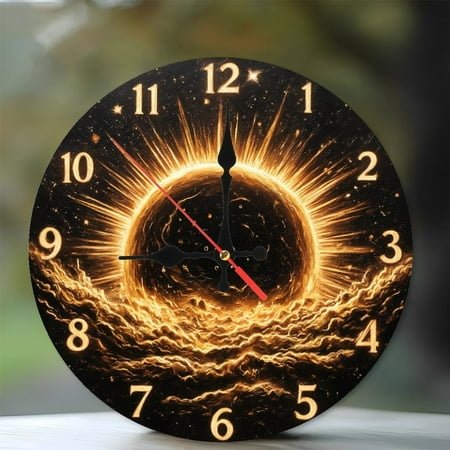 Golden Sunburst Clock Wall Decor Home Art 12-Inch Silent Wooden Wall Clock, Battery Operated (AA Batteries Not Included), Artistic Home Decor