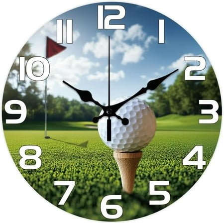 Golf Ball Pattern Wall Clock 12 Inch Non-Ticking Clocks Grass Round Wall Hanging Clock Battery Operated for Bedroom Living Room Kitchen Office