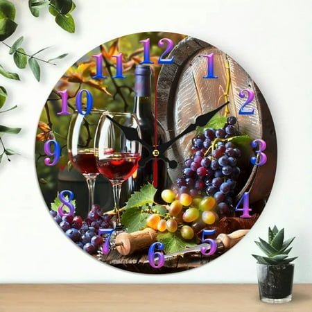 grapes wine glasses barrel Wall Clock, Wall art Decor Silent Mechanical Movement, Great for Living Room, Kitchen, Dorm Decoration and Daily Practical Gift