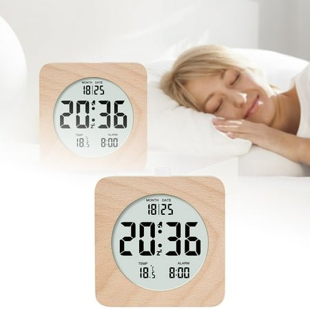 Handmade Classic Small Square Silent Table Snooze Style Solid Wood Alarm Clock Wooden Clock Functional LCD Electronic Clock 3.8''x4.0''x1.6''