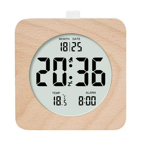 HBBKVI Alarm Clock, Square Wooden Backlight Digital Clock for Bedroom Living Room, Temperature Display Digital Clock