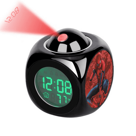 HEXNNHA Digital Alarm Clock, Cartoon Spiderman Academia Pattern Rotatable Projection Clock With Voice Talking LED 12/24 HDigital Time Temperature, Small Desk Clock for Office Bedside, Creativity Gift