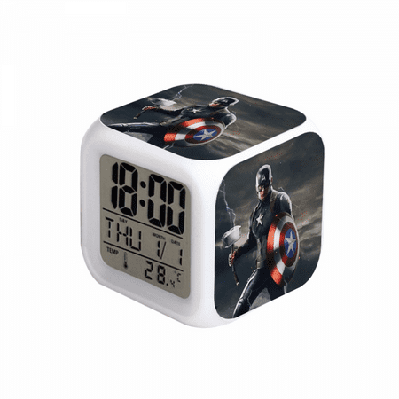 HEXNNHA LED Alarm Clock Captain America SuperHero Pattern Creative Desk Table Clock Glowing Electronic Colorful Digital Clock for Unisex Adults Girl Boy Kids Children Toy Birthday Present Gift