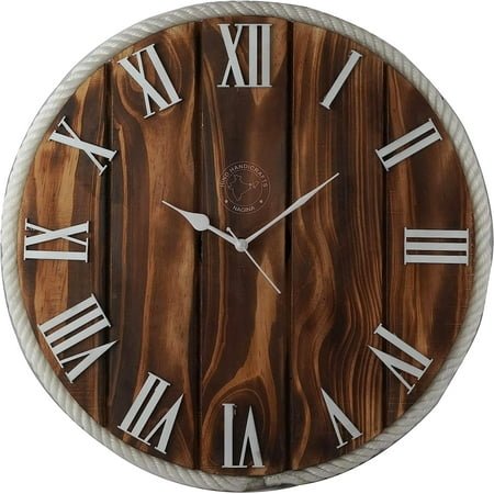 Hind Handicrafts - Hand Crafted Rustic Pine Wood Rope Wall Clock - Retro Non-Ticking Sweep Movement Roman Numerals Decorative for Office Bedroom Living Room Kids Room Kitchen (16 Inches, Black)
