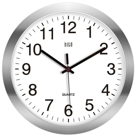HITO 12 Inch Silent Wall Clock Battery Operated Non Ticking Glass Cover Silver Aluminum Frame, for Kitchen, Bedroom, Home Office, Living Room Decor C80