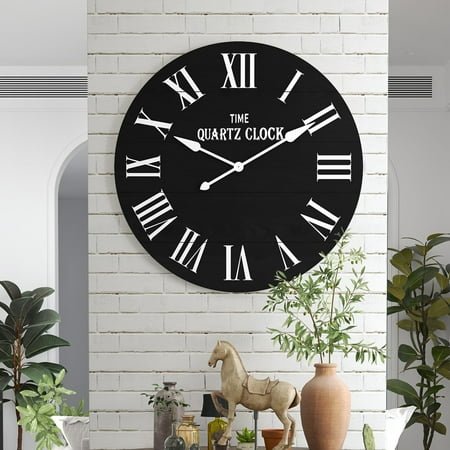 HLR 35.5” Farmhouse Large Shiplap Round Wall Clock with Roman Numeral for Living Room Decor, Black