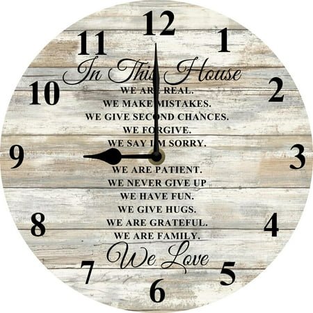 House Rules Wall Clock, In This House Wooden Clock, Inspirational Family Quote Wall Decor for Family Room, Housewarming Gift New Home Decorations 10x10 Silent Non Ticking Battery Operated
