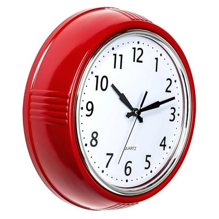 Hyjoy Vintage 12-Inch Red Kitchen Wall Clock, 1950s Retro Design, Silent Non-Ticking Battery-Operated Quartz Clock for Office, School, or Classroom