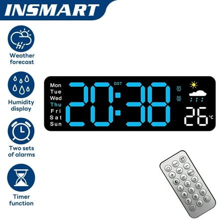 INSMART Digital Wall Clock with Weather Forecast, Humidity Display, 10-Level Brightness, Dual Alarm, Remote Control, Auto DST, Large LED for Bedroom, Living Room