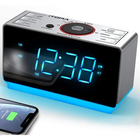 iTOMA CKS708 Radio Alarm Clock with Bluetooth Speaker, FM Radio, Dual Alarm Clock with Snooze, Large LED Display, Dimmer Control, USB Charging Output and Night Light