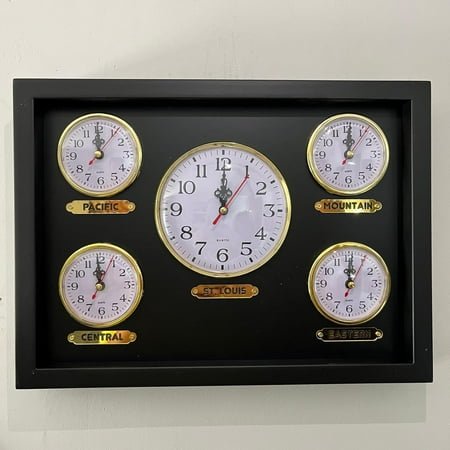 ****izable 4+1 time zone wall clock. multi-time zone clock with sturdy wood frame and hd glass lens. 10 x 11.81 x 1.18 inches, gold
