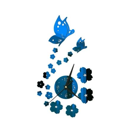 JANGSLNG 1 Set Wall Clock Self-adhesive Battery Operated Long Pointer 4 Numbers Silent 3D Mirror Butterfly Plum Blossom Art Clock Home Decor